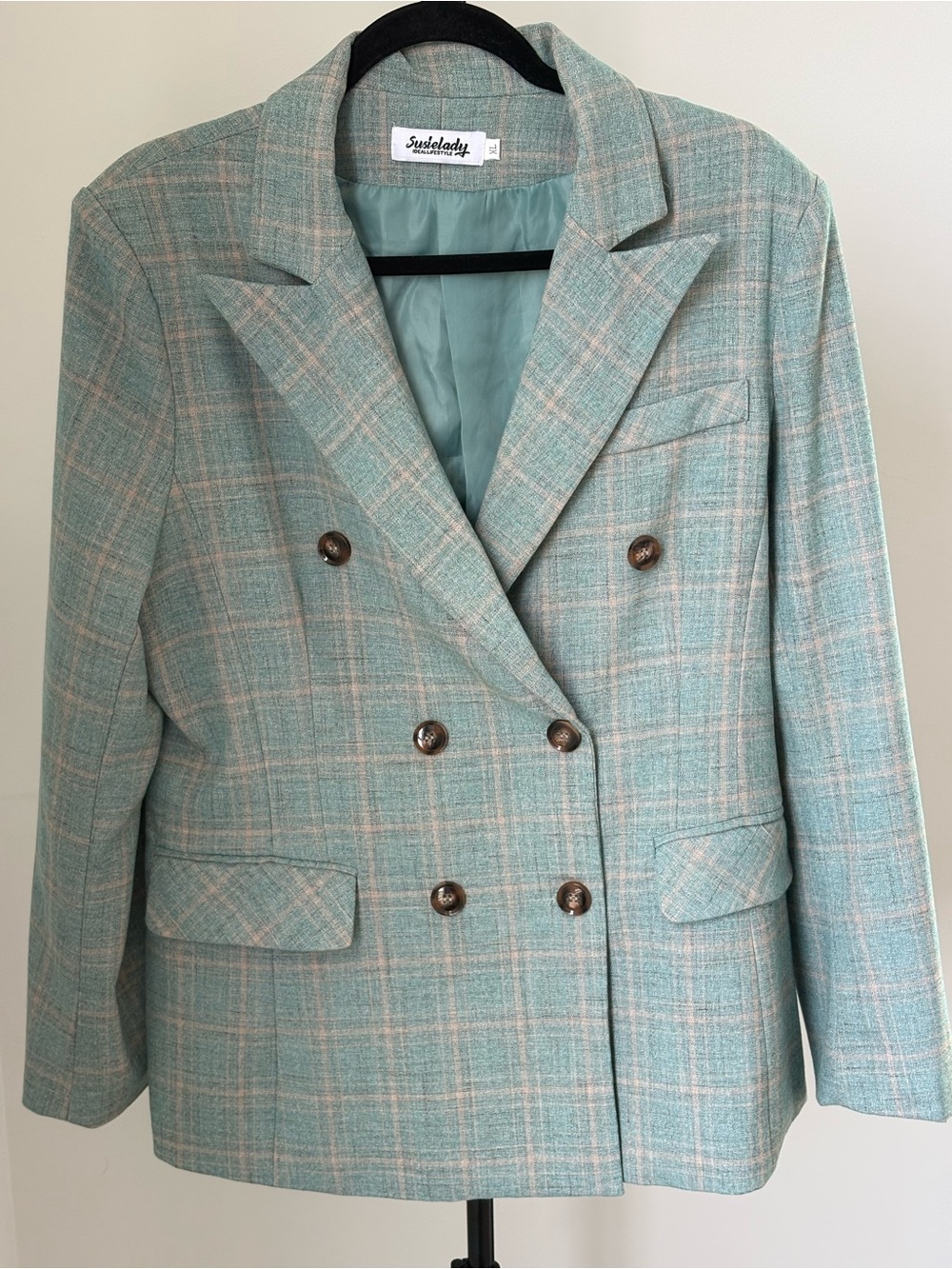 Susielady Vintage Best Mint Plaid Double-Breasted Pantsuit and Jacket - Picture 2 of 14